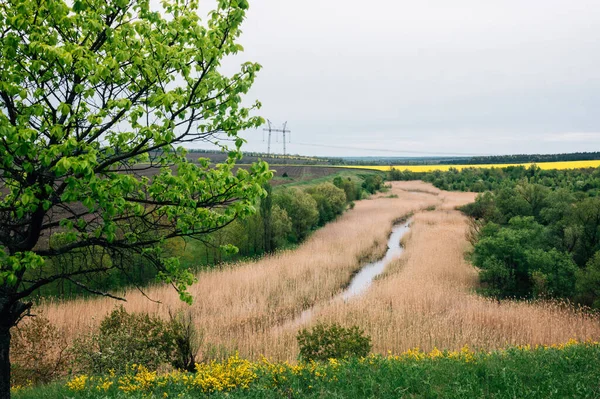 Jarní Krajina Země Ukrajině Řeka Pole Obloha Horizont — Stock fotografie