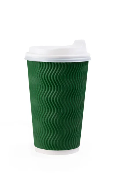 Groene Papieren Beker Voor Cappuccino Latte Een Witte Geïsoleerde Achtergrond — Stockfoto