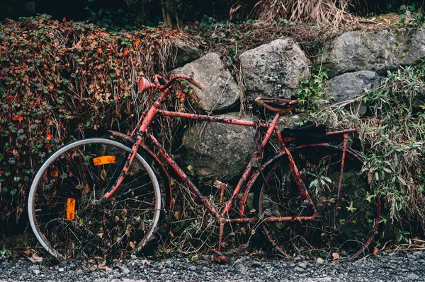 Vieja Bicicleta Oxidada Lanzada Contra Pared Europa Fotos de stock