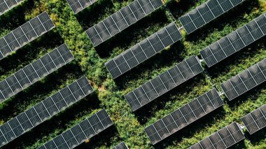 Yeşil alanda güneş panelleri, hava manzarası