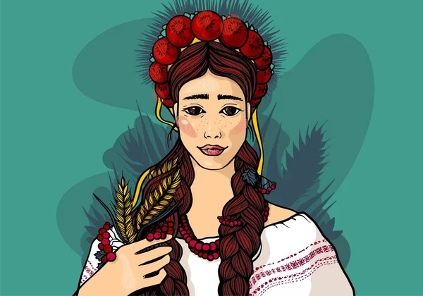 ウクライナの若いです女の子で国家の衣装と頭 A花輪 小麦の小穂とローワン小枝で手 ベクトル — ストックベクタ