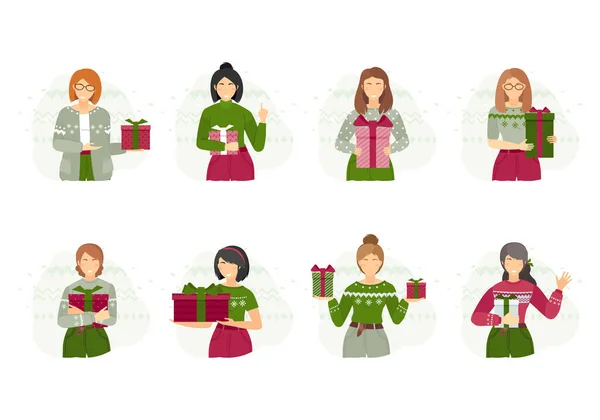Filles Chandails Noël Avec Des Cadeaux Dans Les Mains Ensemble — Image vectorielle