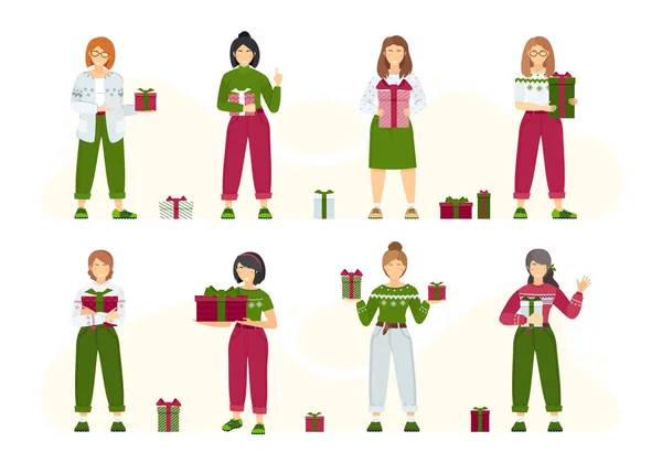Filles Chandails Noël Avec Des Cadeaux Dans Les Mains Ensemble — Image vectorielle
