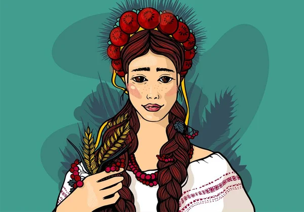 身穿民族服装头饰 头戴花环 手里拿着麦穗和小枝的乌克兰少女 — 图库矢量图片#