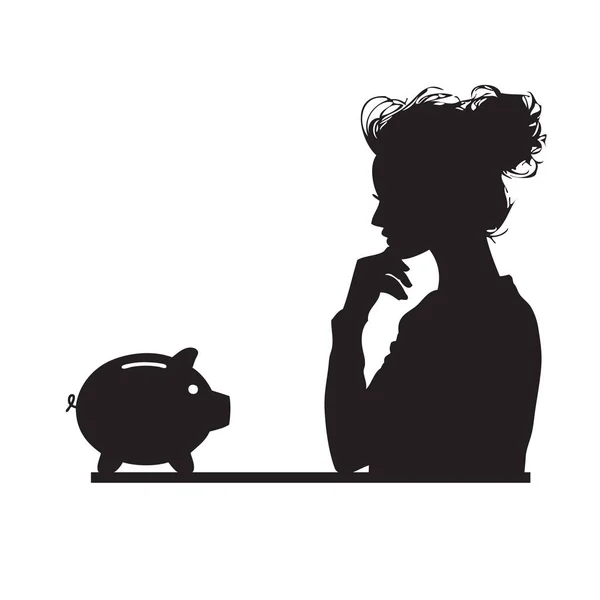 Vrouw Denken Tijdens Het Kijken Naar Spaarvarken Bank Als Onderdeel — Stockvector