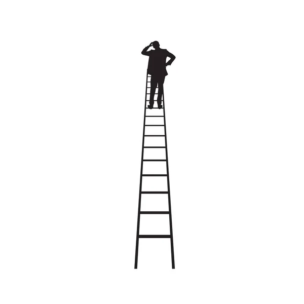 Hombre Pensando Mientras Está Pie Una Escalera Alta — Archivo Imágenes Vectoriales