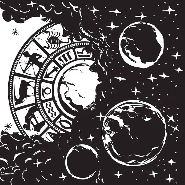 天体が地球と人間に与える影響を説明する占星術のためのベクトルイラスト — ストックベクタ