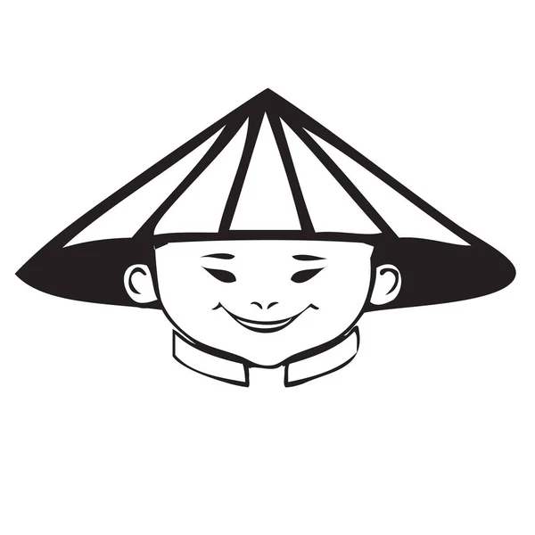 Face Smiling Young Chinese Man Wearing Traditional Chinese Rice Straw — Stock Vector