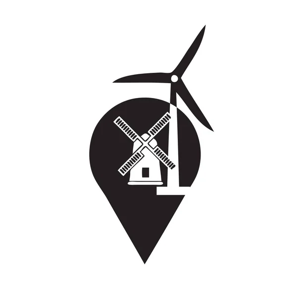 Symbol Med Fokus Väderkvarnar Och Vindkraftverk Vektorillustration — Stock vektor