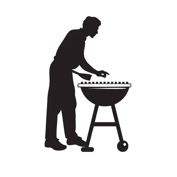 Man Works Barbecue Grill Vector Illustration — Stock Vector