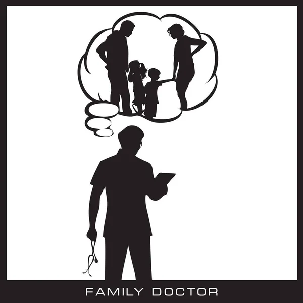 医師と4人の家族と家族の医師のテーマのベクトルイラスト — ストックベクタ