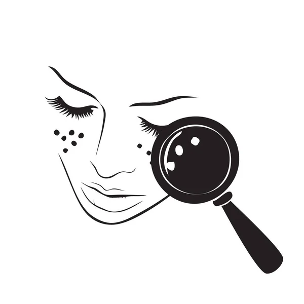 Female Face Pigment Spots Magnifying Glass — Stock Vector