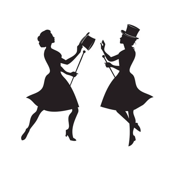 Deux Femmes Avec Des Chapeaux Haut Forme Une Danse Canne — Image vectorielle