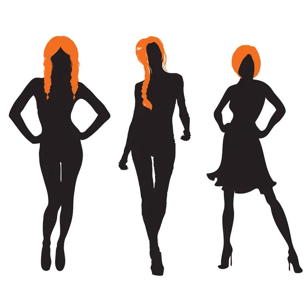 Três Mulheres Ruivas Com Diferentes Estilos Cabelo Ilustração Silhueta Vetorial — Vetor de Stock