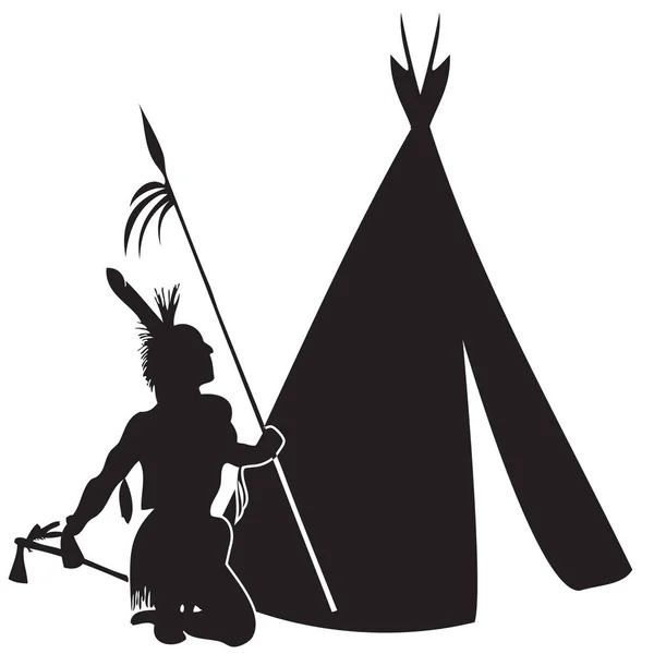 Wektorowa Ilustracja Amerykańskiego Indianina Włócznią Tomahawkiem Tle Wigwam — Wektor stockowy