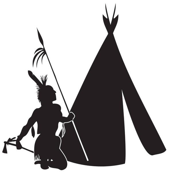 Vector illustration of an American Indian with a spear and a tomahawk on the background of a wigwam