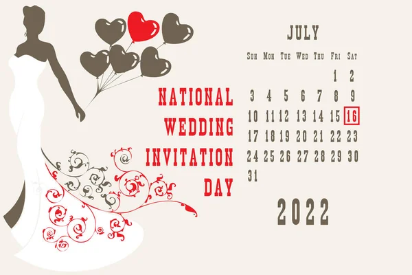 Calendar Page Calendar Grid Dates Holiday Event National Wedding Invitation — Stock Vector