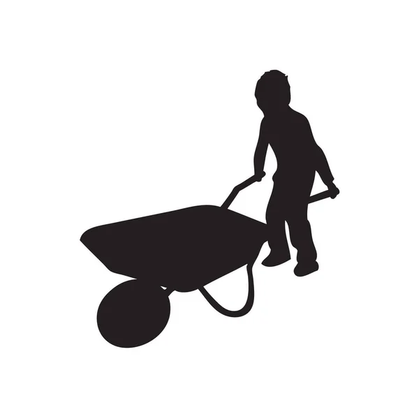 Kinderarbeid Jongen Werkt Met Een Grote Kruiwagen — Stockvector