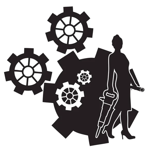 エンジニアリングのポジショニングにおける女性のベクトル図 — ストックベクタ