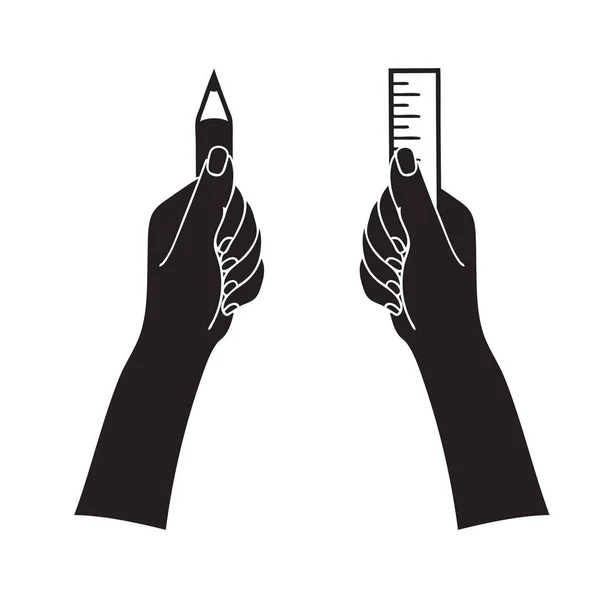 Ruce Držící Pravítko Pro Měření Tužku Pro Psaní — Stockový vektor