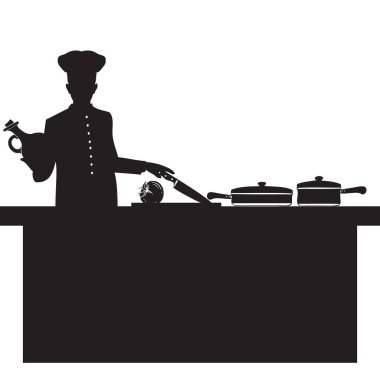 Silhouette of a chef stands behind the work surface of the kitchen table clipart