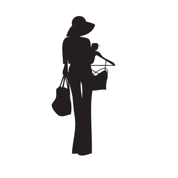 Mujer Elegante Con Una Percha Madera Mano — Vector de stock