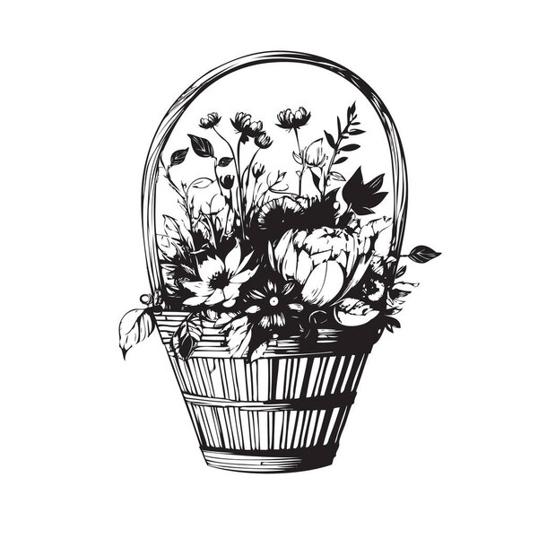 Gift basket with flowers. Vector illustration.