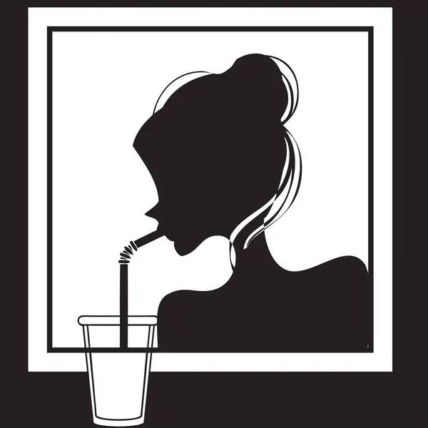 Dziewczyna Pije Drinka Przez Słomkę Szklanki — Wektor stockowy