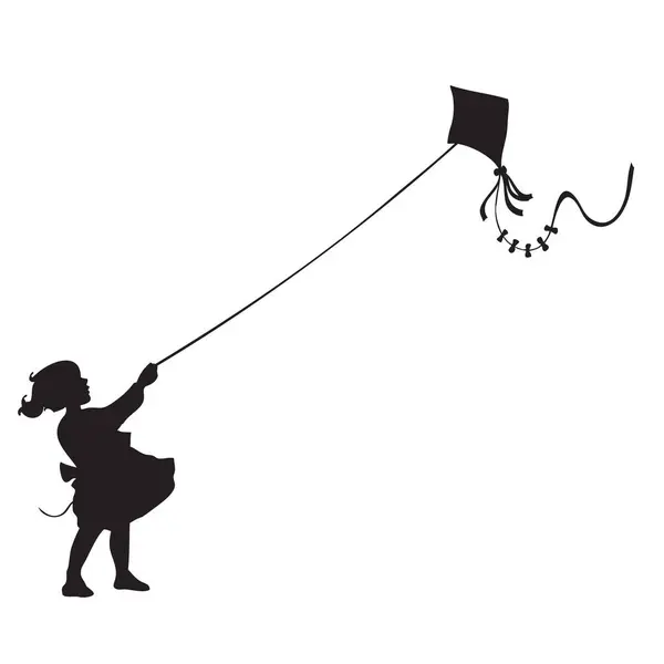 Девушка Держит Воздушного Змея Веревке Векторная Иллюстрация Лицензионные Стоковые Иллюстрации