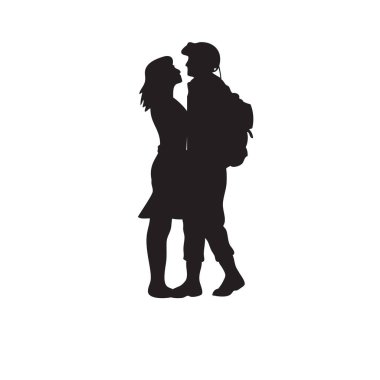 A soldier in military ammunition hugs a girl. Vector illustration clipart