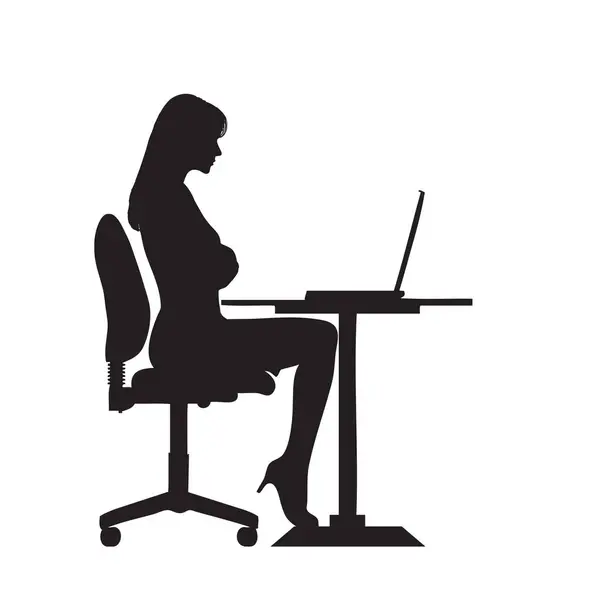 一个女孩坐在一台计算机的剪影 免版税图库插图