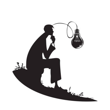 A thoughtful man with a symbol of an idea - a light bulb. Hand-drawn vector image without AI clipart
