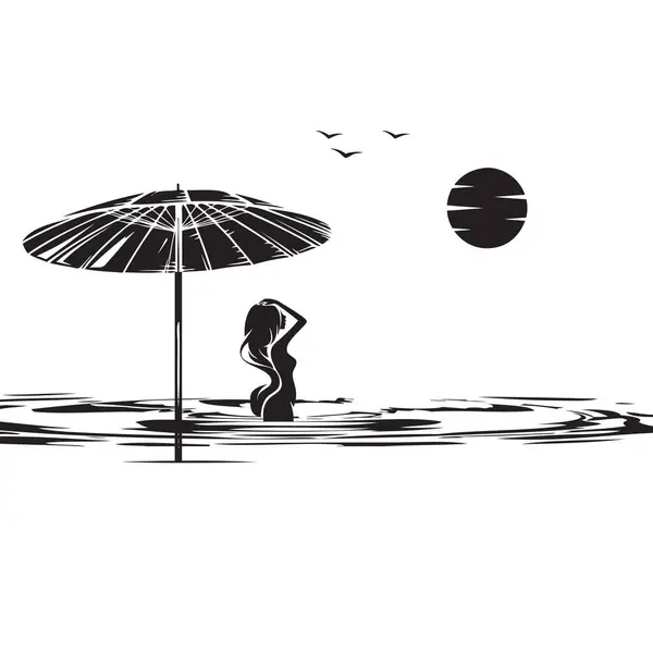 Sahilde Şemsiyenin Yanındaki Suda Bir Kız Stok Illüstrasyon