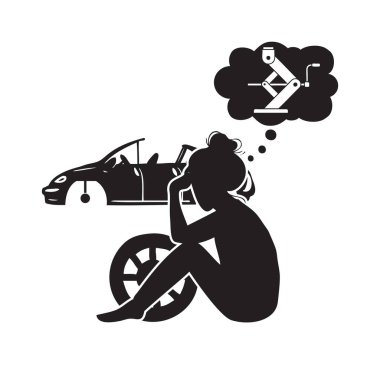 Girl with a wheel in front of the car remembers the jack to change the wheel clipart