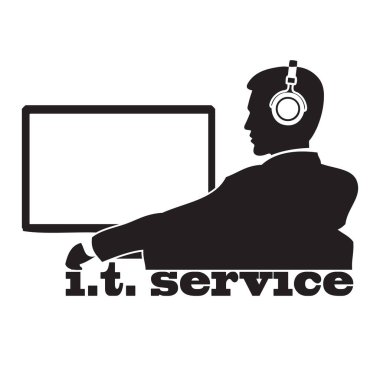 Information Technology Service Provider in front of a monitor and with headphones to communicate with a client. clipart