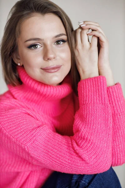 Young Smiling Woman Indoors Cozy Wear High Quality Photo Stock Photo