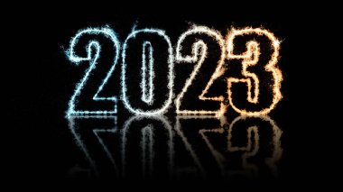 Mutlu yıllar 2023. Yanan parlak metin 2023 siyah arka planda izole edilmiş. Tebrik kartı ve tatil broşürü için güzel parlayan tasarım ögesi