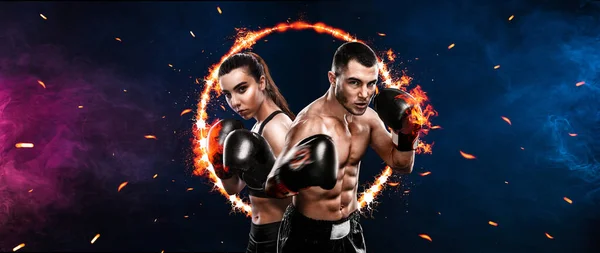 Boxing concept. Sports betting. Design for a bookmaker. Download banner for sports website. Two boxers on a fiery background