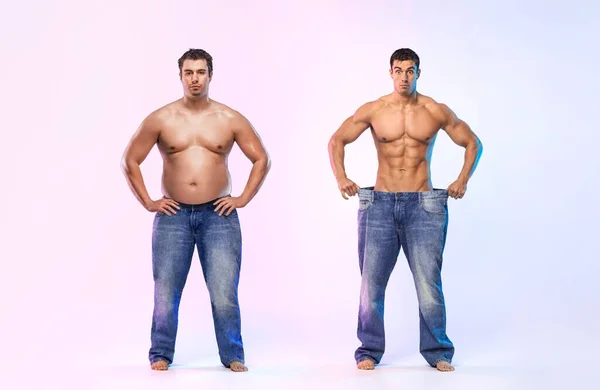 Inspirando Transformación Pérdida Peso Antes Después Hombre Era Gordo Pero — Foto de Stock