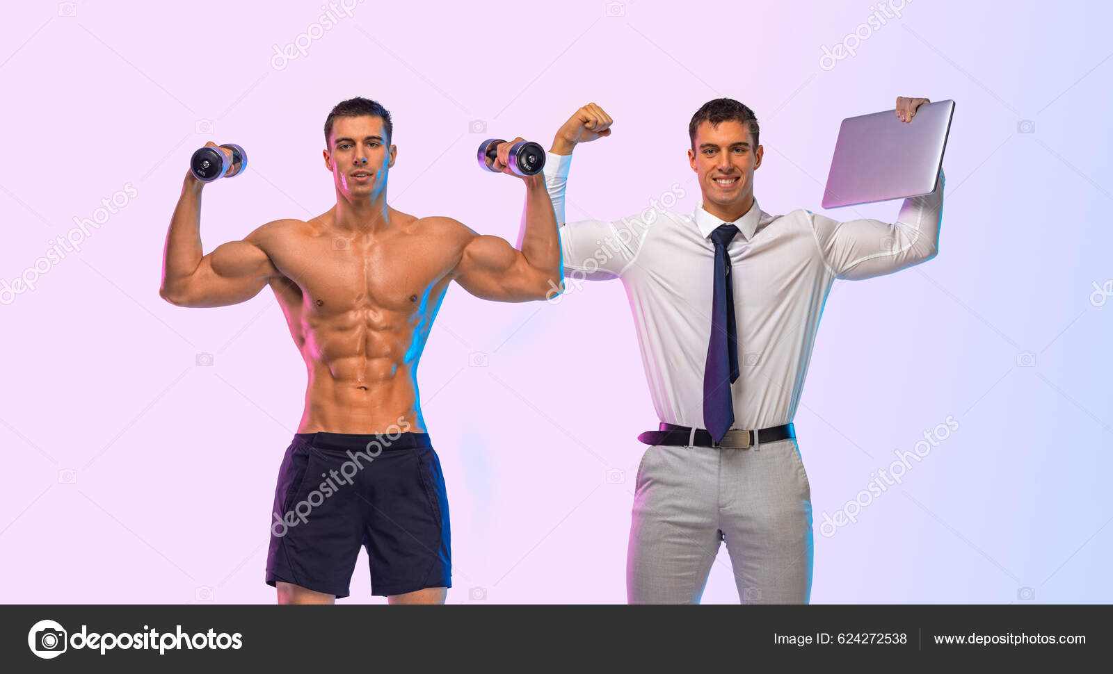 Man athlete with dumbbells isolated on white background. Gym full