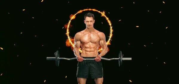 健美运动员 肌肉运动者在黑色背景上用杠铃抽吸肌肉 锻炼身体的概念 — 图库照片