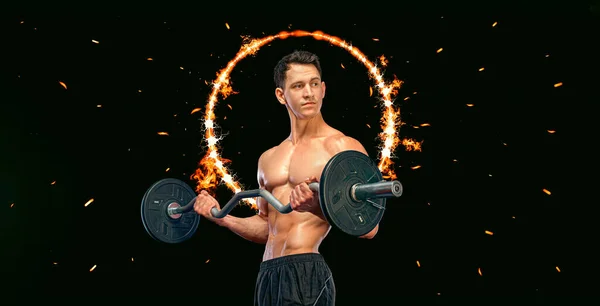 无运动上衣的年轻运动员 健身房带杠铃的健身模特 — 图库照片