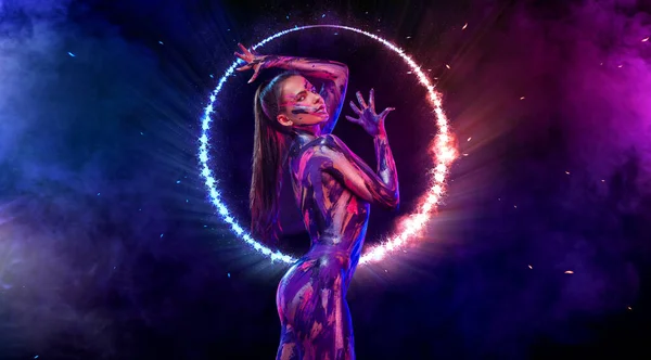 Woman Neon Lights Portrait Sexy Dancer Club Party Body Art — Stock Photo, Image