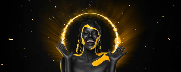 Yellow Black Body Paint Woman Face Art Young Girl Bodypaint — Stock Photo, Image