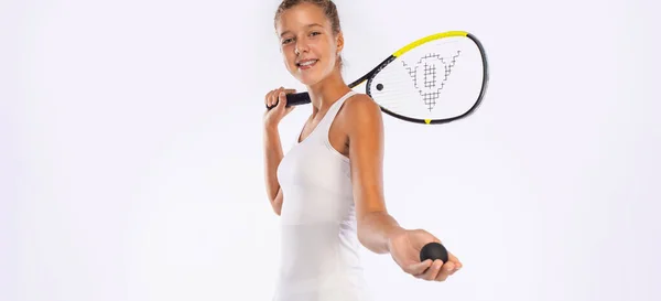 Squash Player Racket Beautiful Girl Teenager Athlete White Background Sport — Foto Stock