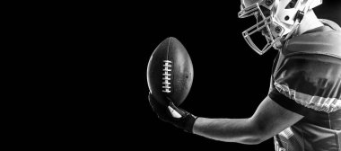 Amerikan futbolcu afişi. Amerikan futbolu temalı fotokopi alanı olan bir spor dergisinin şablonu. Bahis reklamları için bir model.