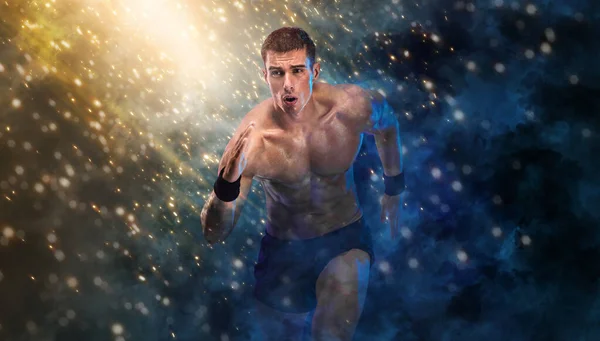 Runner Concept Athlete Sprinter Running Blue Background Fitness Sport Motivation — Stock Photo, Image