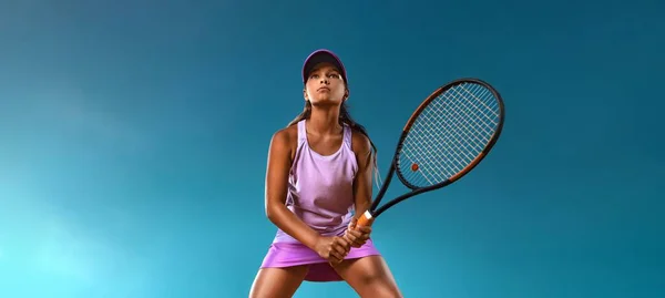 Tennis player. Horizontal banner for advertising tennis on website. Girl teenager and athlete with racket on tennis court. Sports concept. Download high quality photo for sports advertising design.