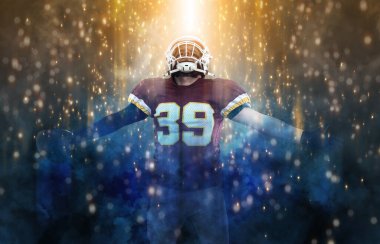 American football player banner. Template for a sports magazine on the theme of American football with copy space. Mockup for betting advertisement clipart