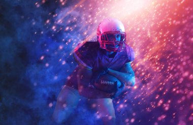 Reklamlar için Amerikan futbolcu afişi. Spor dergisi için şablon, web siteleri, makaleler, fotokopi alanı olan açık hava reklamları. Bahis reklamları için bir model.